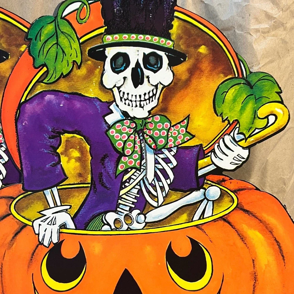 Vintage Halloween Die Cut Set 2 Skeleton in Pumpkin Orange Purple Retro Decor